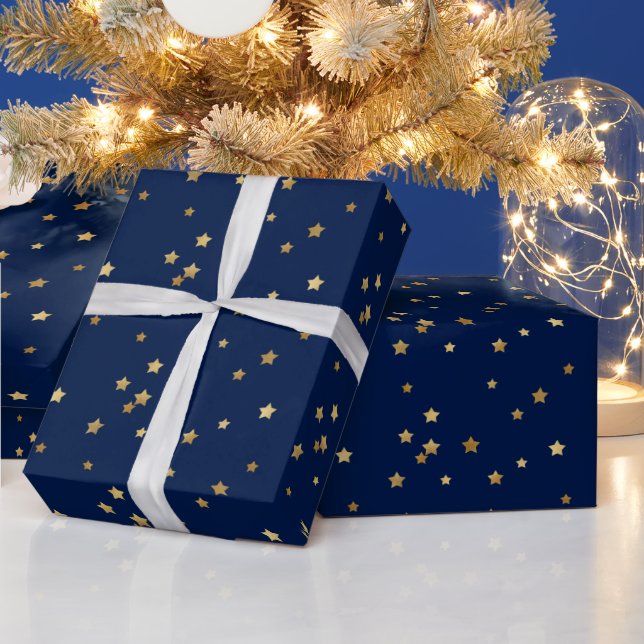 Festive Blue & Sparkly Gold Stars Holiday Wrapping Paper (Holidays)