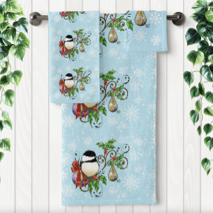 Festive Blue Vintage Christmas Chickadee  Bath Towel Set