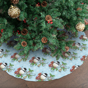 Festive Blue Vintage Christmas Chickadee Brushed Polyester Tree Skirt