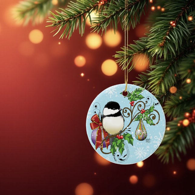 Festive Blue Vintage Christmas Chickadee Ceramic Ornament (Creator Uploaded)