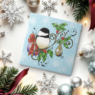 Festive Blue Vintage Christmas Chickadee Ceramic Tile