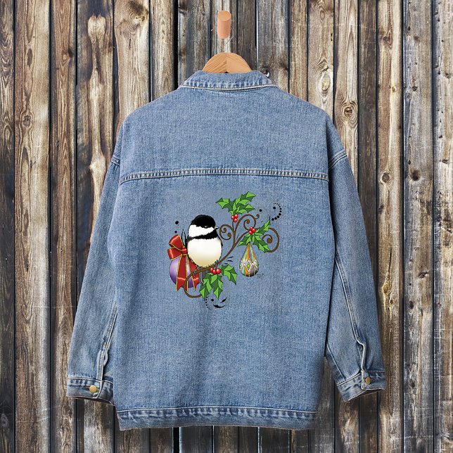 Festive Blue Vintage Christmas Chickadee  Denim Jacket (Creator Uploaded)
