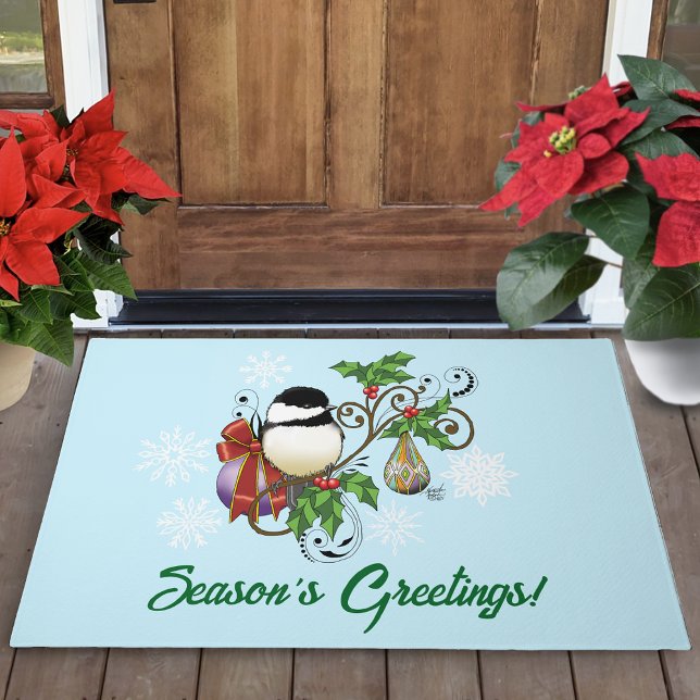 Festive Blue Vintage Christmas Chickadee  Doormat (Creator Uploaded)