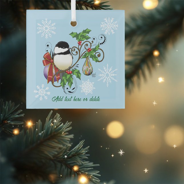 Festive Blue Vintage Christmas Chickadee Glass Ornament (Creator Uploaded)