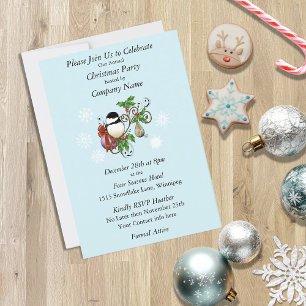 Festive Blue Vintage Christmas Chickadee  Invitation
