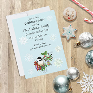 Festive Blue Vintage Christmas Chickadee Invitation