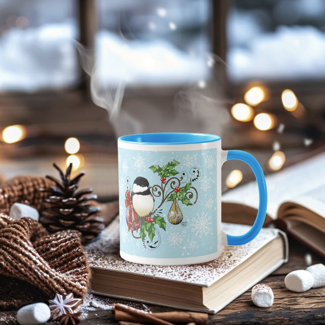 Festive Blue Vintage Christmas Chickadee Mug (Creator Uploaded)