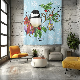 Festive Blue Vintage Christmas Chickadee Tapestry
