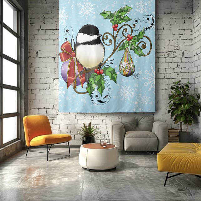 Festive Blue Vintage Christmas Chickadee Tapestry (Creator Uploaded)