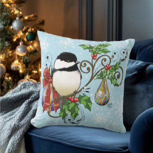 Festive Blue Vintage Christmas Chickadee Throw Pillow
