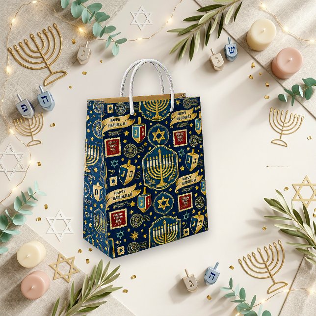 Festive Blue Vintage Hanukkah Menorah Small Gift Bag (Creator Uploaded)