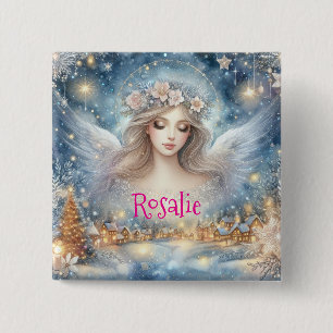 Festive Blue Watercolor Ethereal Frost Snow Angel Button