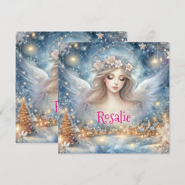Festive Blue Watercolor Ethereal Frost Snow Angel Holiday Card (Front/Back)