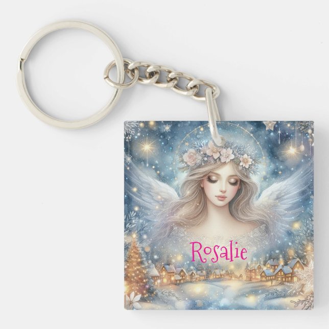 Festive Blue Watercolor Ethereal Frost Snow Angel Keychain (Front)