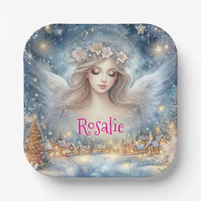 Festive Blue Watercolor Ethereal Frost Snow Angel Paper Plates (Front)