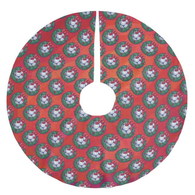 Festive Blue, White Soccer Ball Pattern on Red Brushed Polyester Tree Skirt (Front)