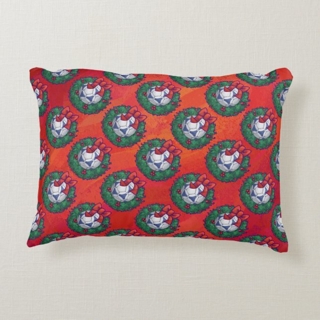 Festive Blue, White Soccer Ball Pattern on Red Decorative Pillow (Back)