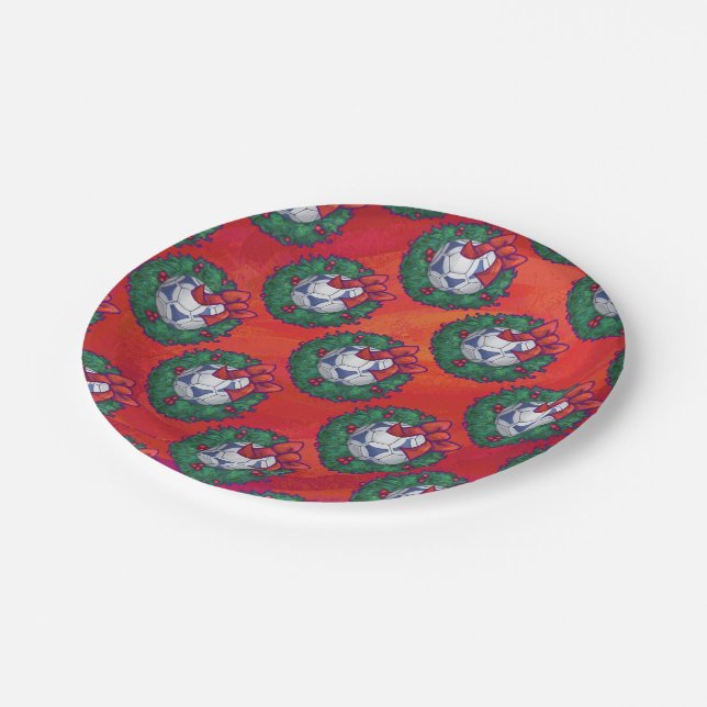 Festive Blue, White Soccer Ball Pattern on Red Paper Plates (Angled)