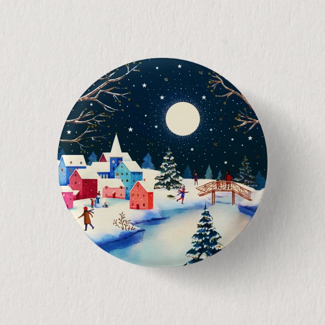 Festive Blue Winter Snow Village  Button (Front)