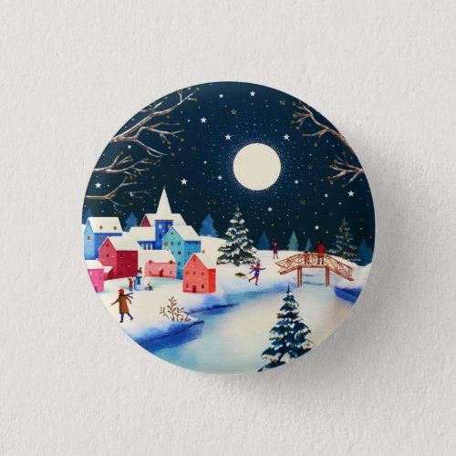 Festive Blue Winter Snow Village  Button