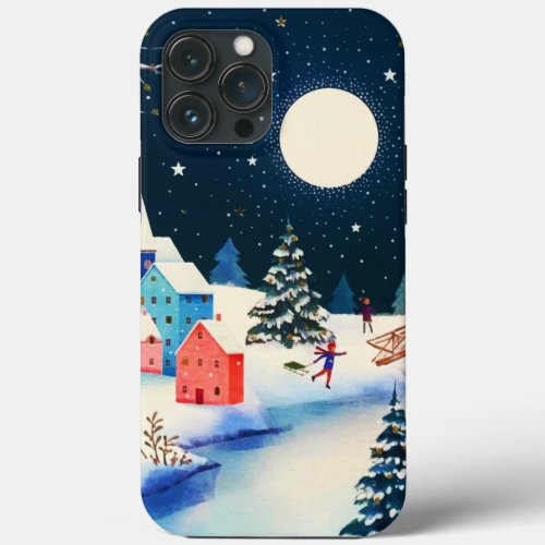 Festive Blue Winter Snow Village  iPhone 13 Pro Max Case
