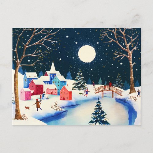 Festive Blue Winter Snow Village  Holiday Postcard