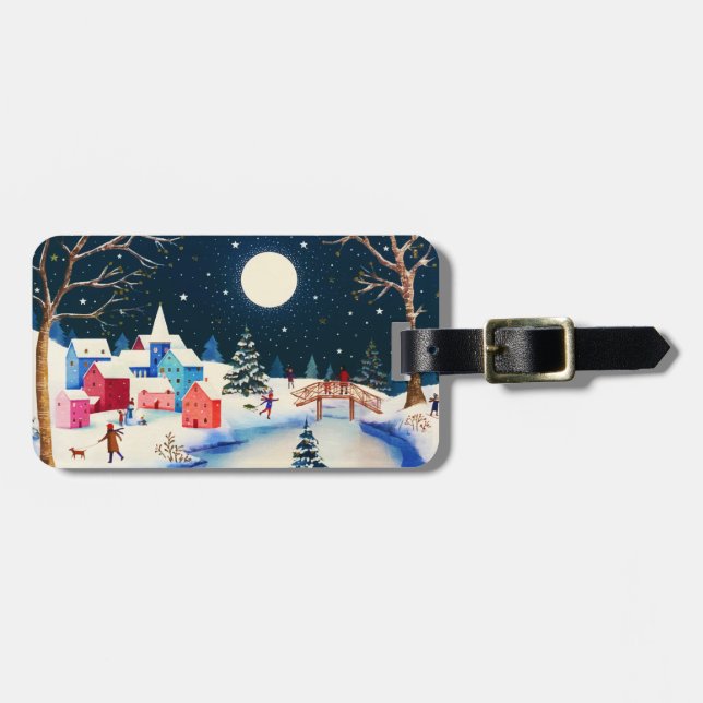 Festive Blue Winter Snow Village  Luggage Tag (Front Horizontal)