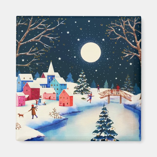 Festive Blue Winter Snow Village  Magnet (Front)