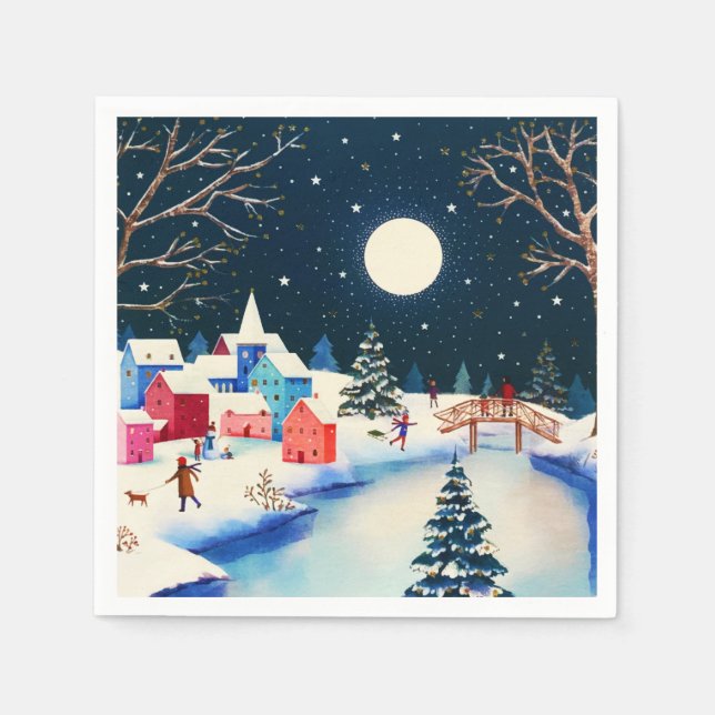 Festive Blue Winter Snow Village  Napkins (Front)