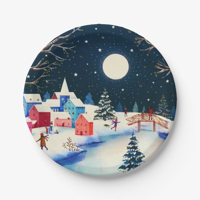 Festive Blue Winter Snow Village  Paper Plates (Front)