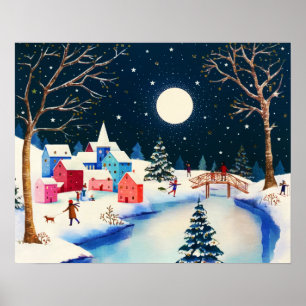 Festive Blue Winter Snow Village  Poster