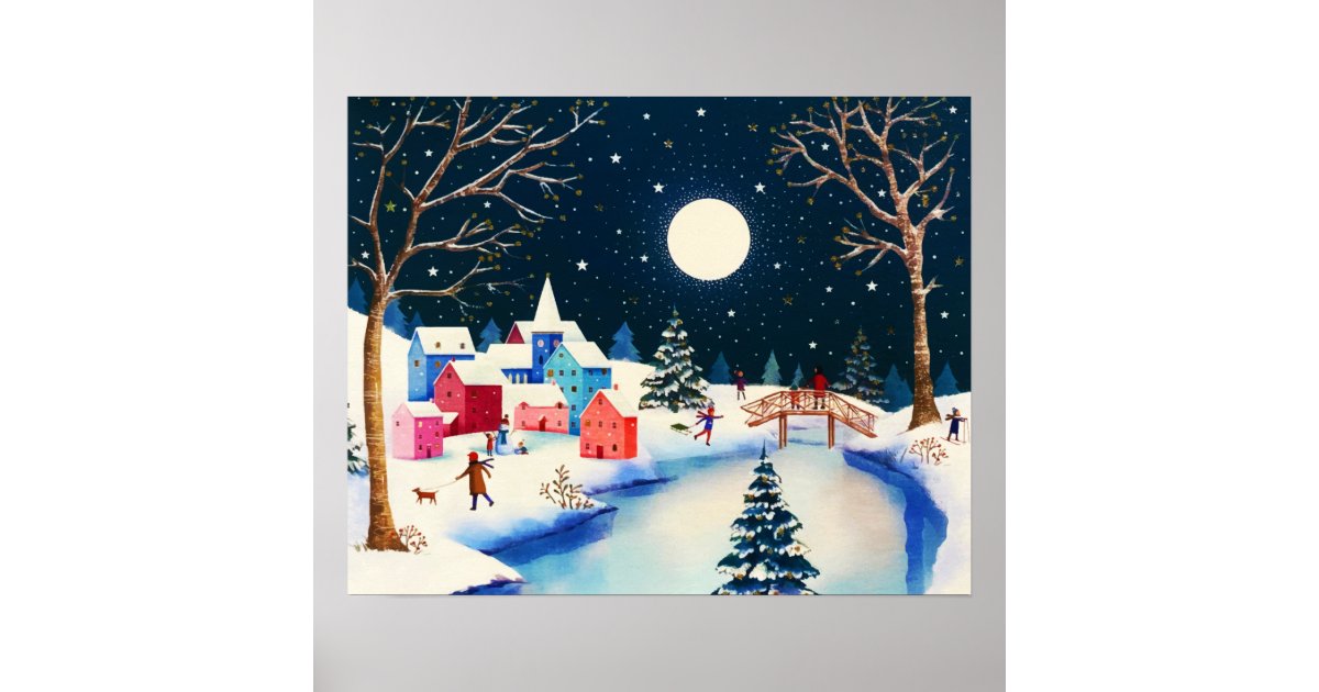 Festive Blue Winter Snow Village Poster | Zazzle