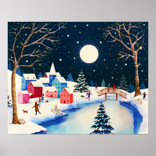 Festive Blue Winter Snow Village  Poster (Front)