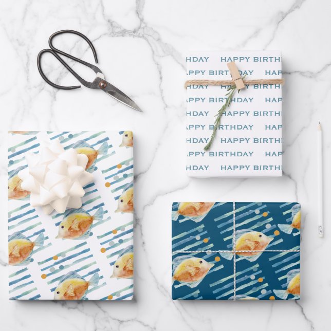 Festive Blue & Yellow Tropical Fish Coordindated Wrapping Paper Sheets (Front)
