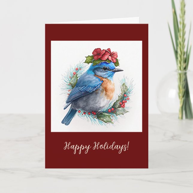 Festive Bluebird Folded Holiday / Christmas Card (Front)