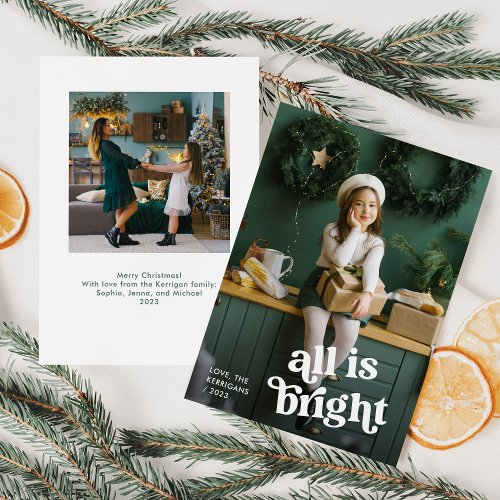 Festive Boho  All is Bright with Two Photos Holiday Card