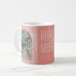 Festive Boho Pattern 2 Photo Family Holiday Coffee Coffee Mug<br><div class="desc">Festive pink hand drawn boho pattern,  2 photo family holiday mug. Design features two arch frame photo spaces,  Bright and Merry word-art logo,  text lines for family name and year.</div>