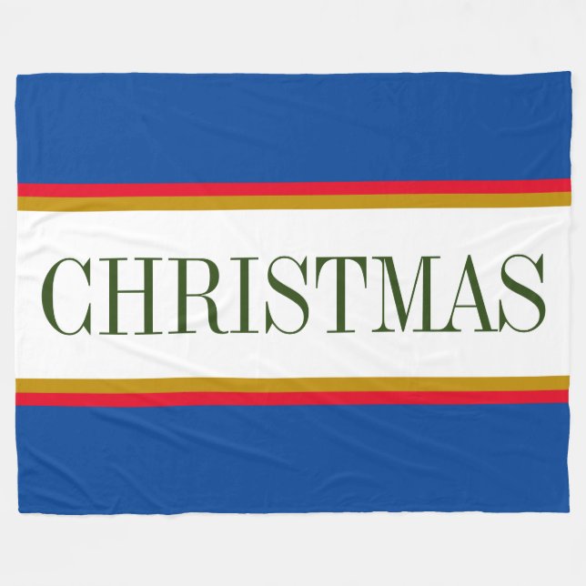 Festive Bold Blue White Red CHRISTMAS Stripes Text Fleece Blanket (Front (Horizontal))