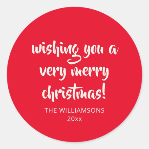 Festive Bold Merry Christmas Red Brush Script Name Classic Round Sticker
