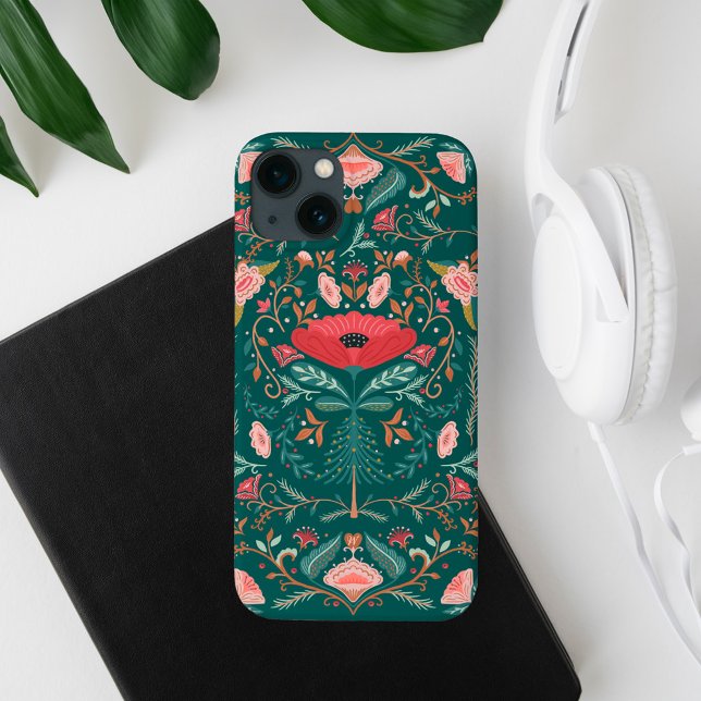 Festive Bontanical Floral Folk Art Forest Green Case-Mate iPhone Case (Festive Bontanical Floral Folk Art Forest Green Case-Mate iPhone Case)