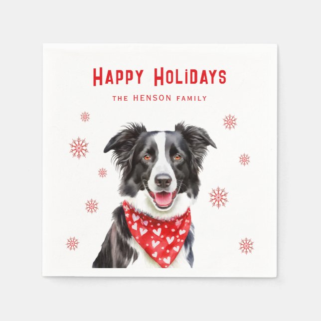 Festive Border Collie Red Heart Bandana Christmas Napkins (Front)