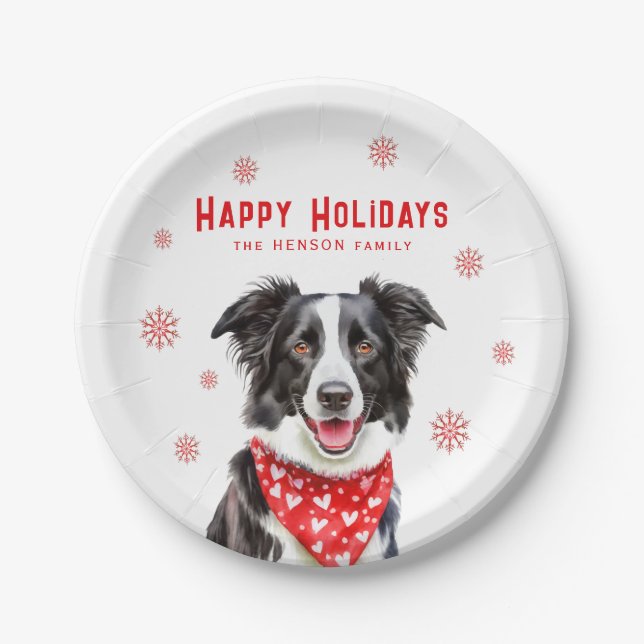 Festive Border Collie Red Heart Bandana Christmas Paper Plates (Front)