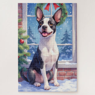 Festive Boston Terrier Christmas Art Jigsaw Puzzle