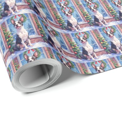 Festive Boston Terrier Christmas Art Wrapping Paper