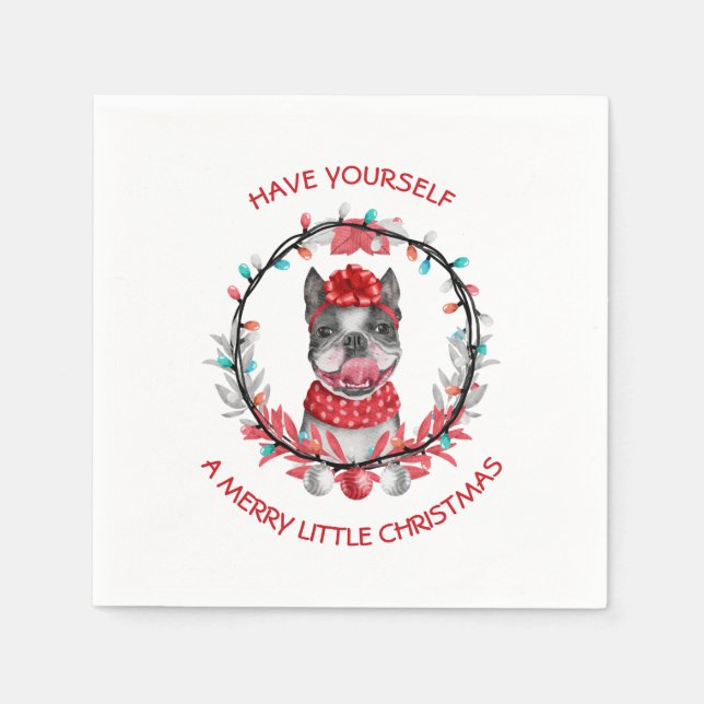Festive Boston Terrier Merry Christmas Napkins (Front)