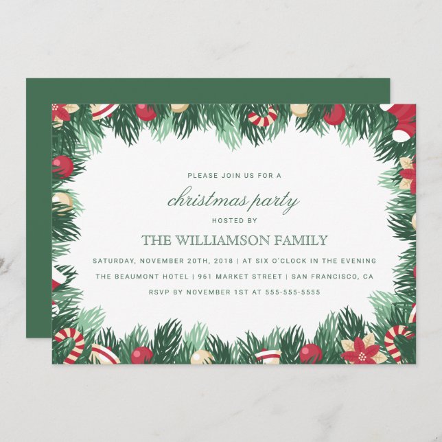 Festive Botanical Border Christmas Party Invitation (Front/Back)