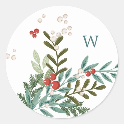 Festive Botanical Floral Christmas Classic White Classic Round Sticker