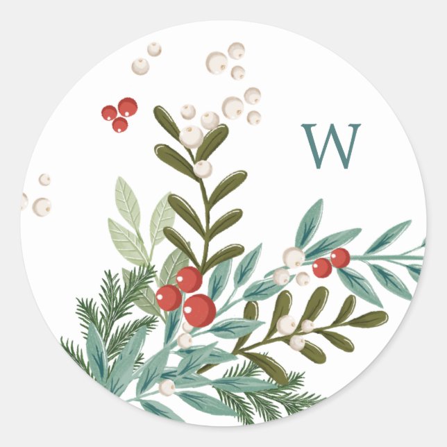 Festive Botanical Floral Christmas Classic White Classic Round Sticker (Front)
