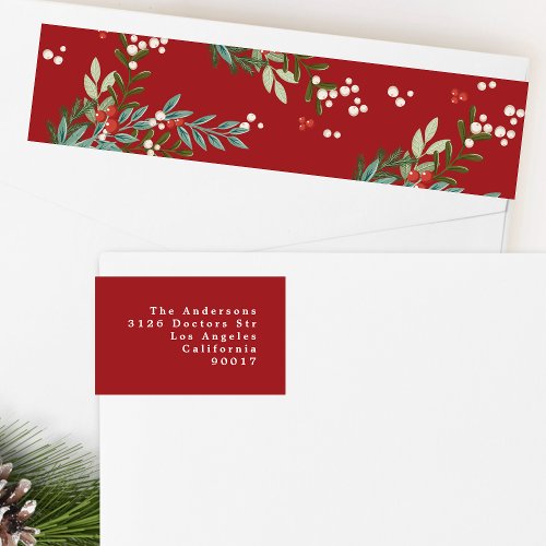 Festive Botanical Floral Christmas Return Address Wrap Around Label