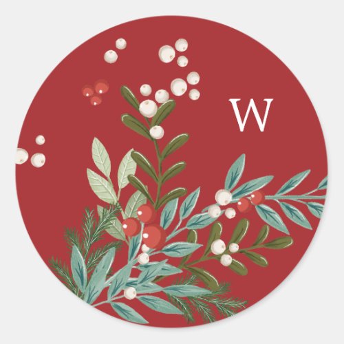 Festive Botanical Floral Christmas Traditional Red Classic Round Sticker